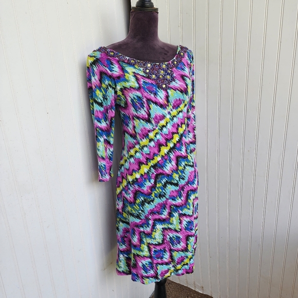 Joyous & Free Dress Colorful Tie Dye Print Bead Boat Neck Boho Strerch Jersey XS - Picture 2 of 14